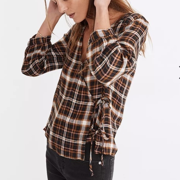 Madewell | Plaid Gauze Double-Tie Wrap Top Blouse Size M - Picture 2 of 15